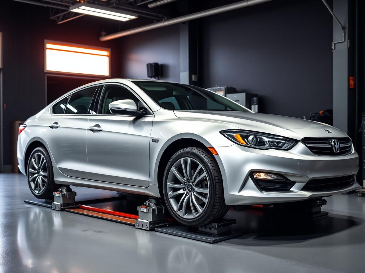 Carro posicionado na rampa de alinhamento e balanceamento